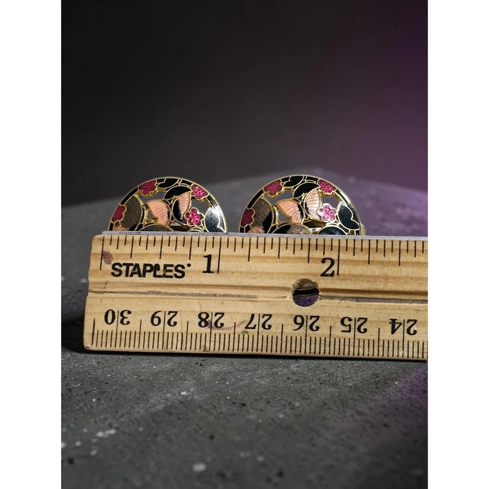 Vintage Enamel Cloisonne Butterfly Clip On Earrings Gold Tone Colorful